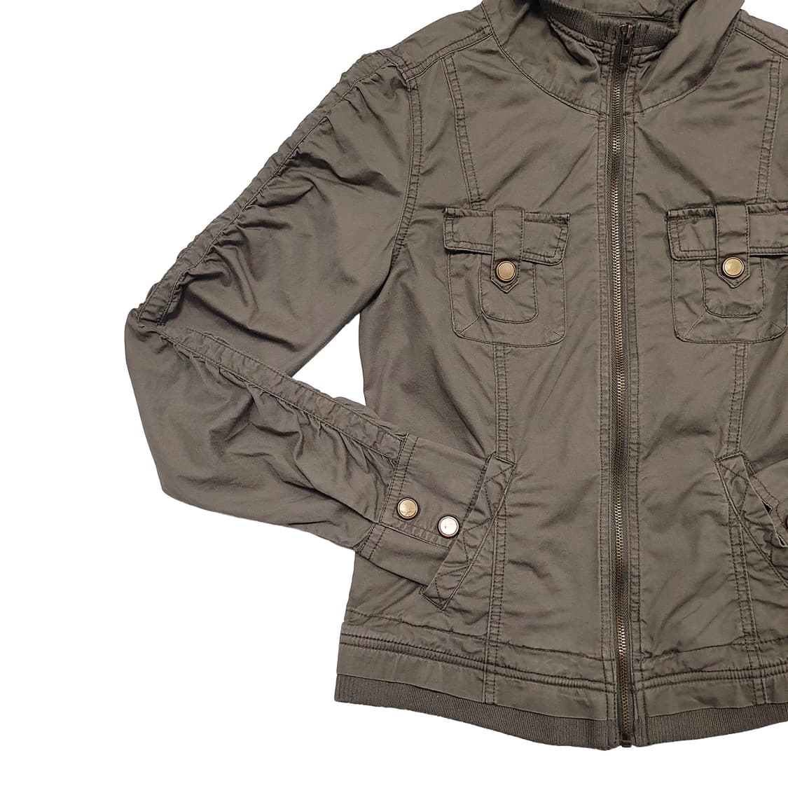 소매 셔링 포켓 숏 후드 야상 점퍼 카키 상품이미지3