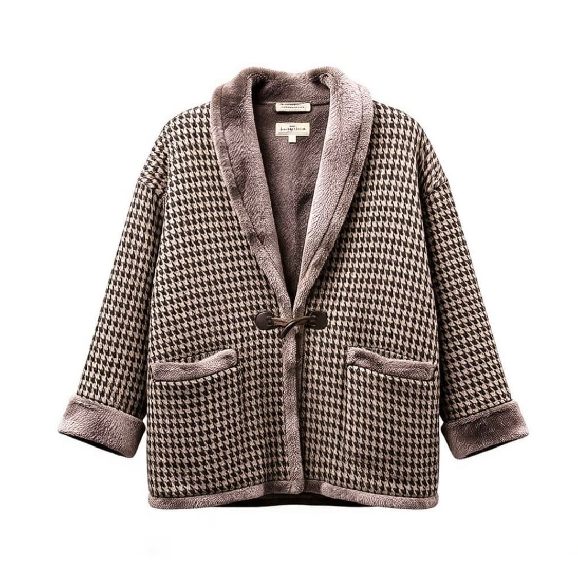 JPN VINTAGE 하운드투스 퍼 하오리자켓 우드 토글 디테일 브라운 상품이미지1