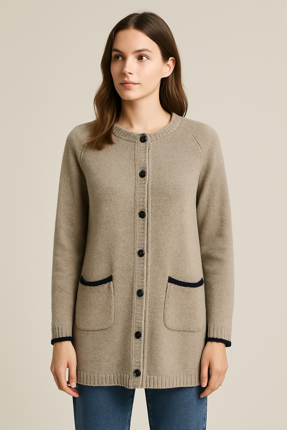 🌿 대치동 짜임공방 니트 하프 가디건 (Free / 베이지×네이비) 상품이미지1