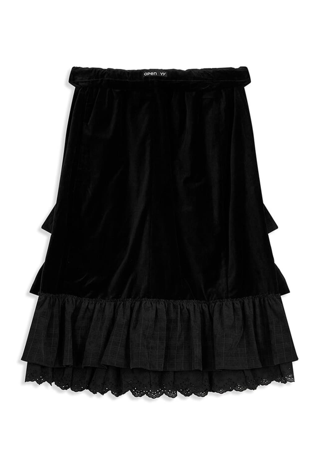 오픈와이와이 벨벳 롤드 웨이스트 티어드 스커트 블랙 상품이미지2
