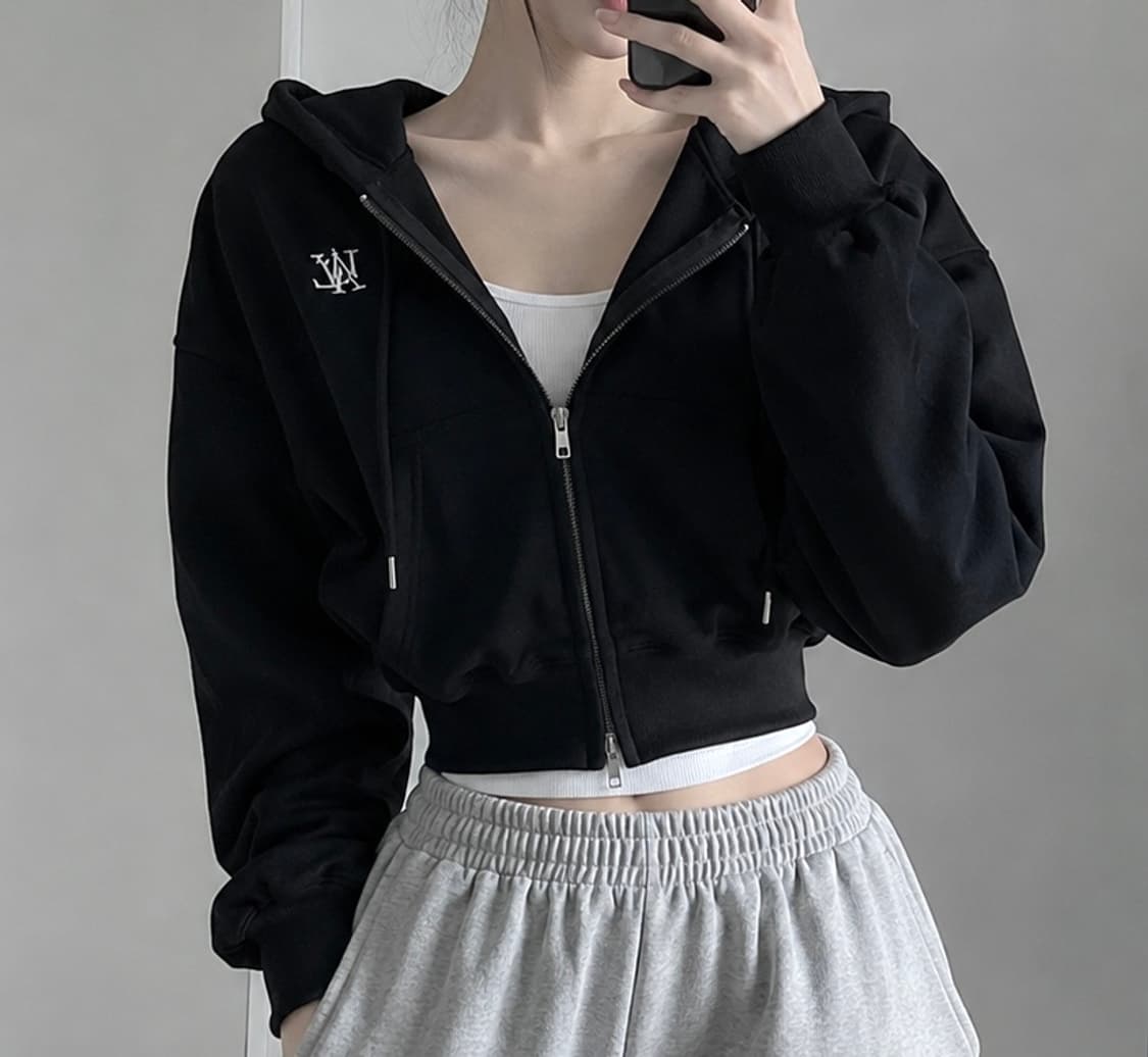 우알롱 크롭 후드집업 블랙 상품이미지1