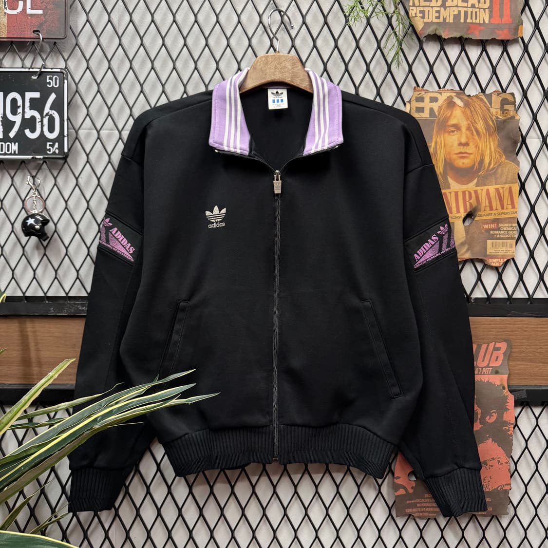 90s 아디다스 재팬 크롭 트랙 자켓 트레포일 로고 포인트 블랙 퍼플 상품이미지1