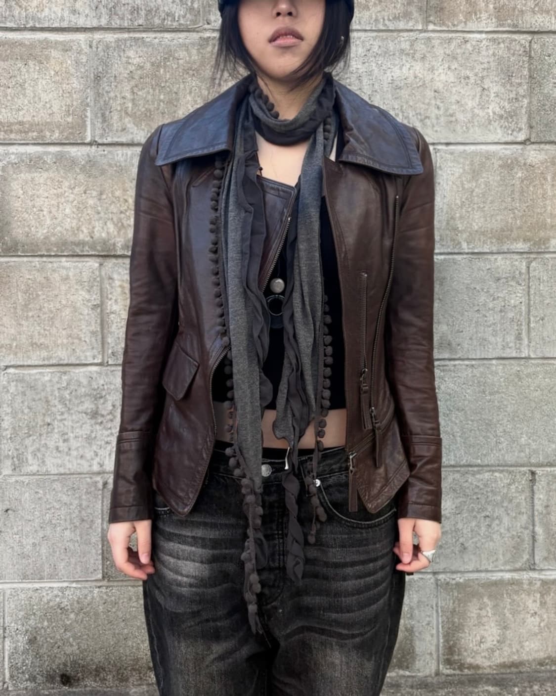 Brown zipper leather jacket 상품이미지1