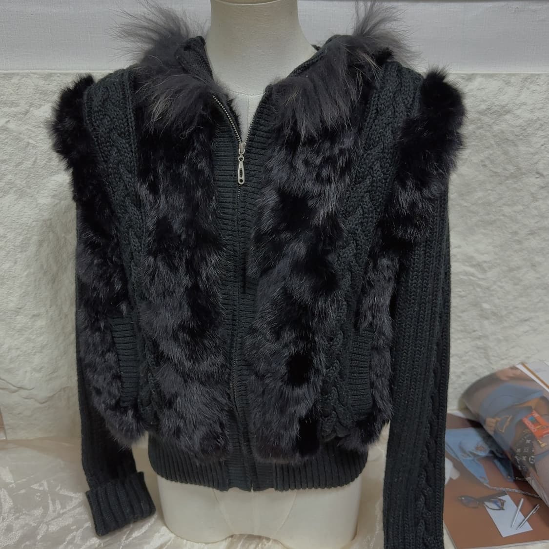 빈티지 먹색 여우털 후드 토끼털 꽈배기 니트자켓 후드집업 상품이미지1