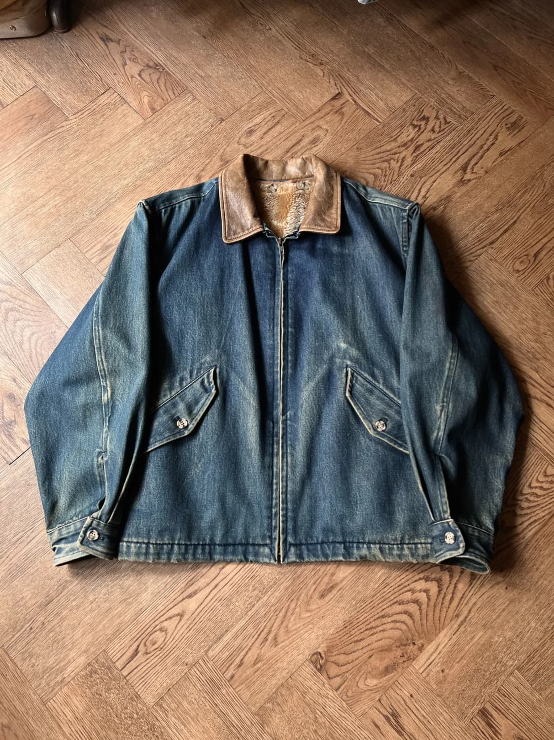 [M]90's KENT USA 쉐르파 라이닝 레더 카라 데님 자켓 상품이미지1