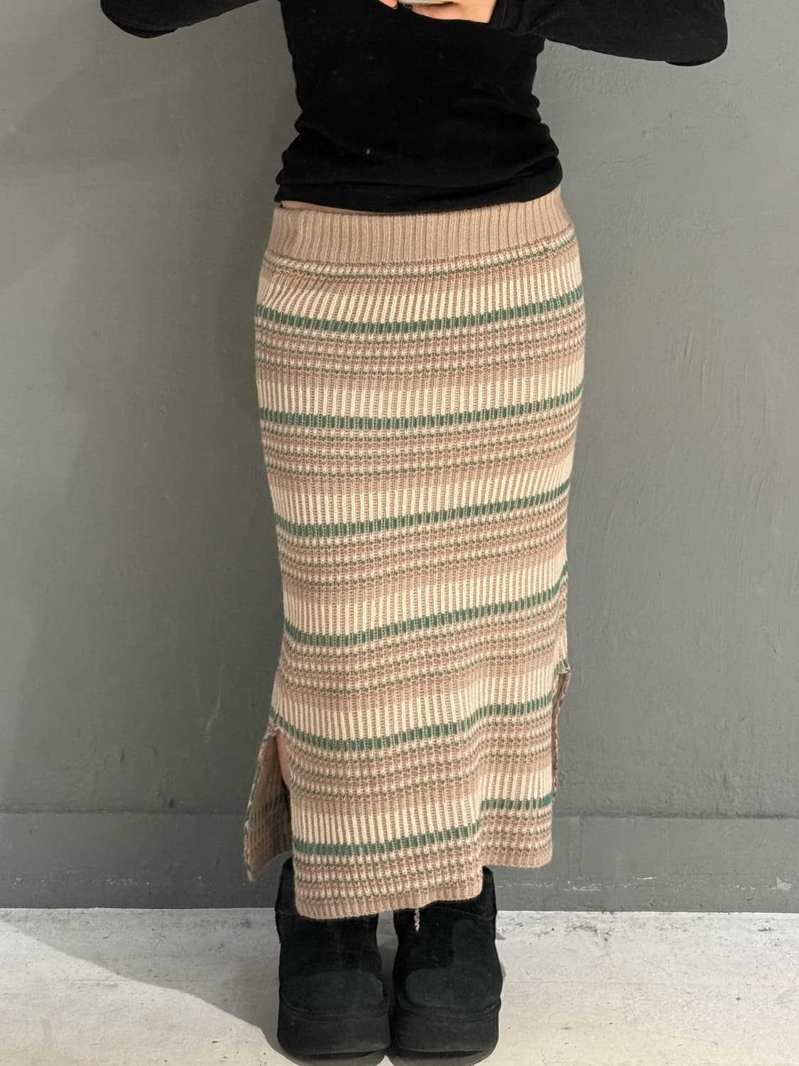 pink stripe pattern slit knit skirt 상품이미지1