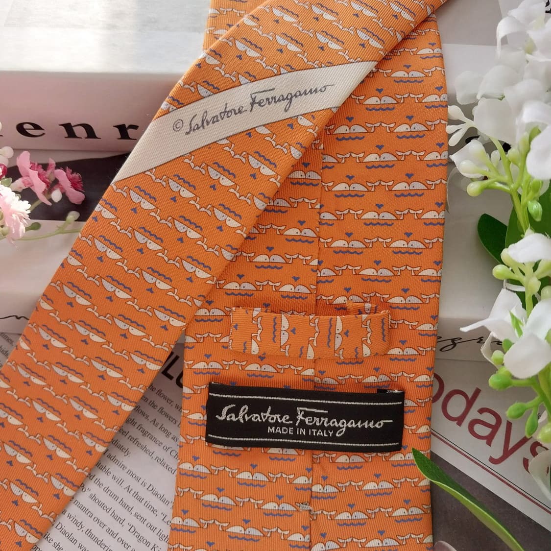 살바토레 페라가모 실크 오렌지 고래 패턴 넥타이 8cm B등급 K1633 상품이미지5