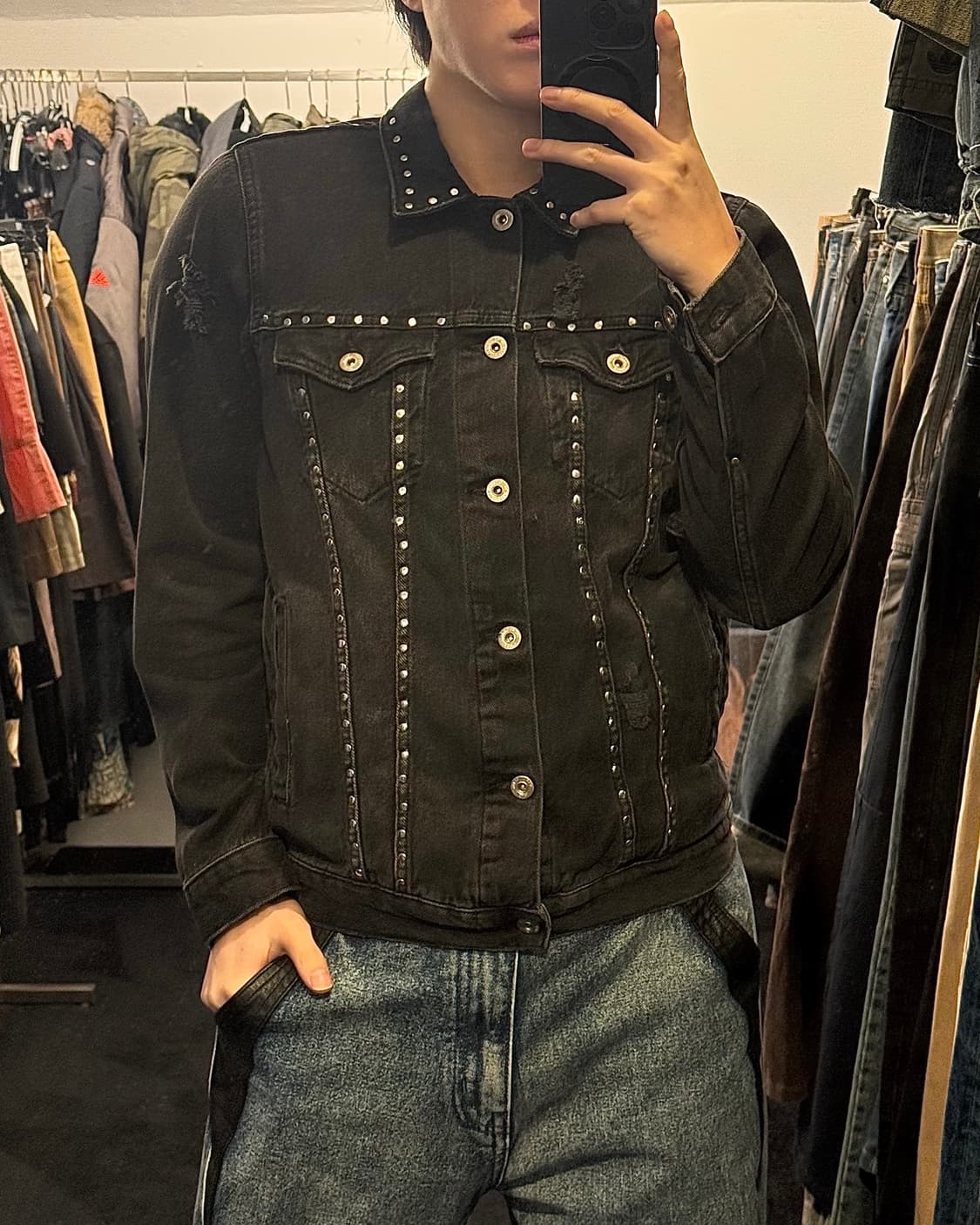 자라 스터드 찡 고스 펑크 락 흑청 데님 청 자켓 트러커 워크 락시크 M 상품이미지1