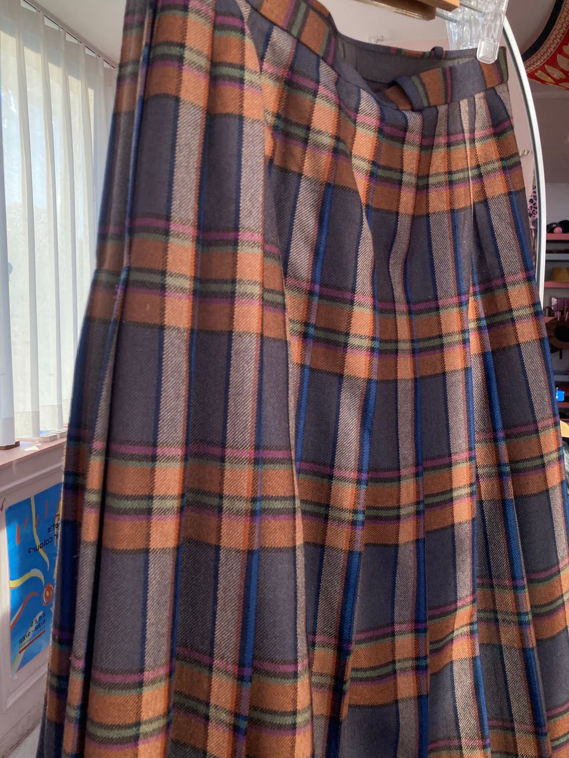 빈티지 울 브라운 체크 플리츠 미디 스커트 상품이미지2