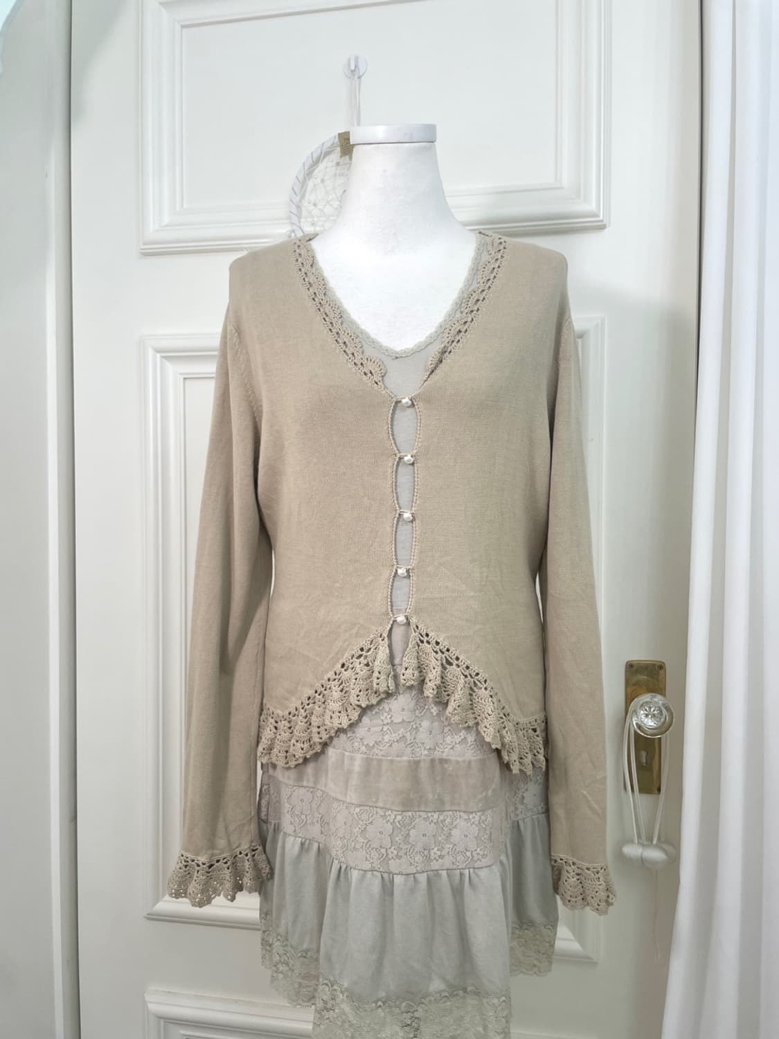 khaki crochet point pearl button cardiga 상품이미지5