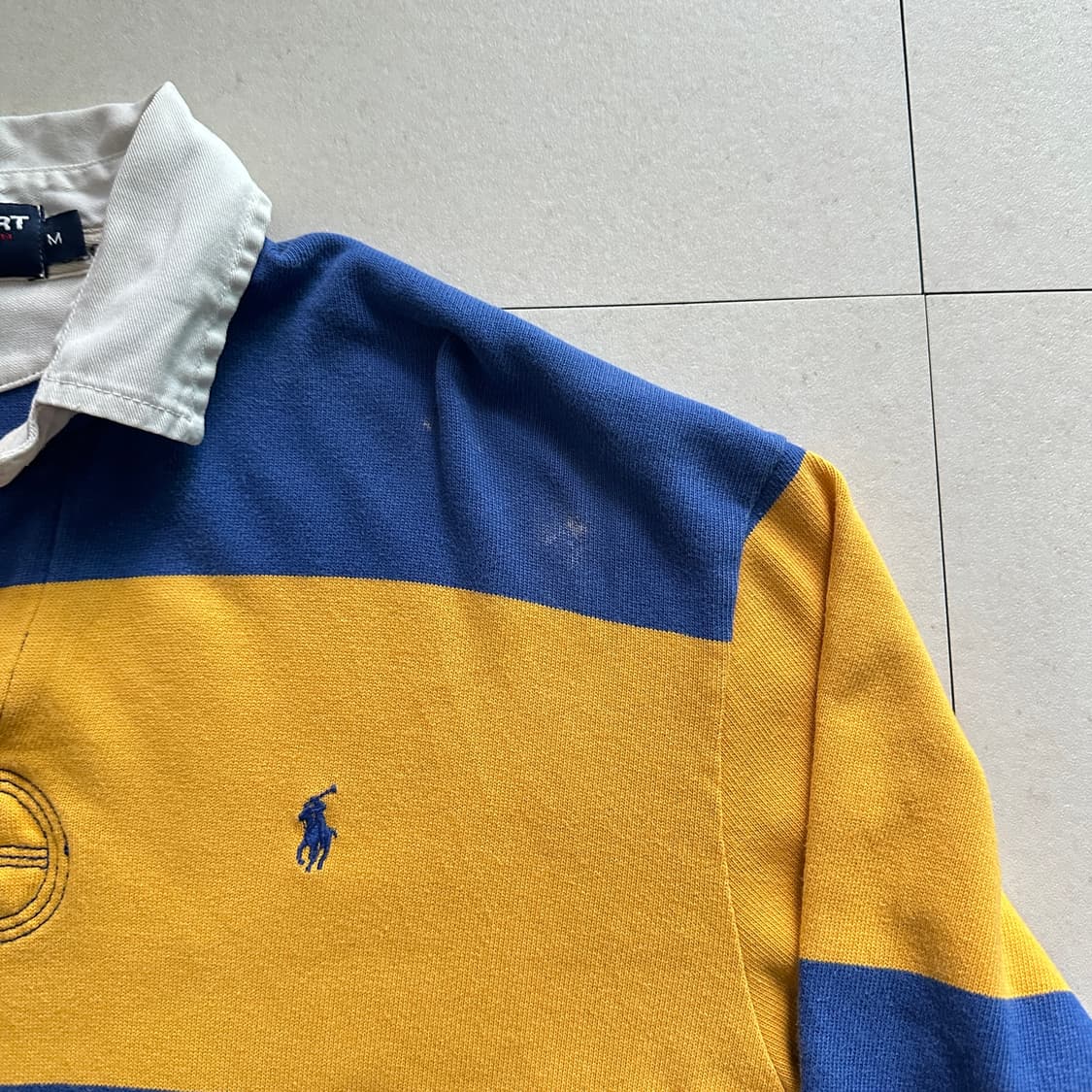90s 빈티지 폴로 스포츠 백넘버 럭비티 M(100) 노랑파랑 상품이미지5