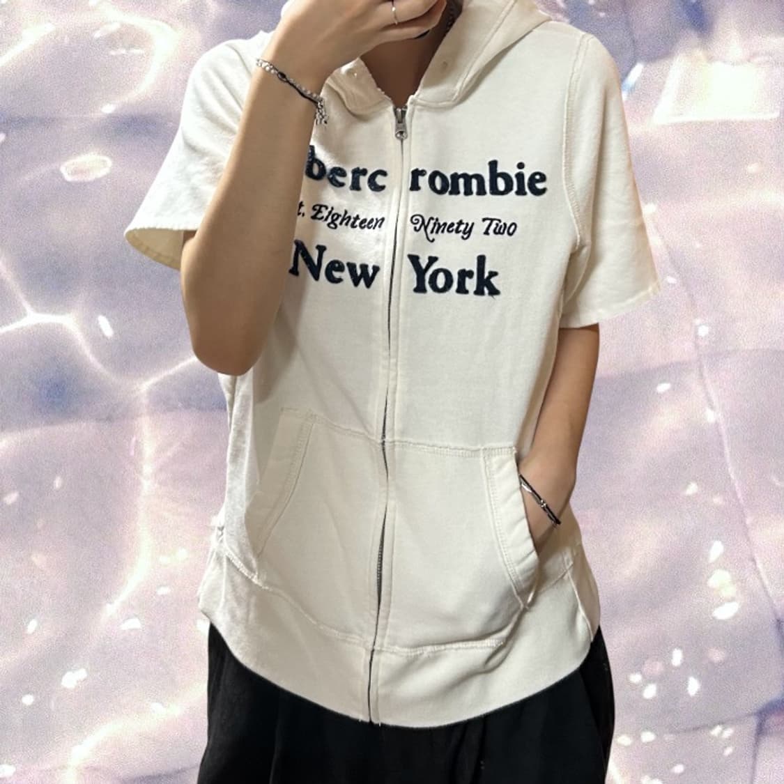 아베크롬비 y2k 기모 반팔 후드집업 화이트 크림 M 상품이미지3