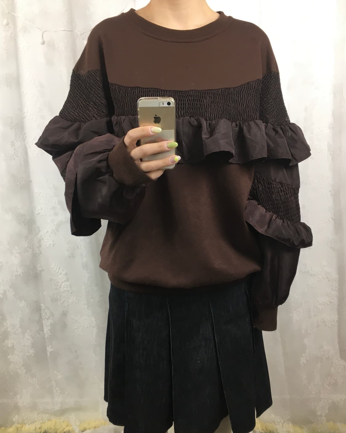 Brown frill oversized-fit sweatshirt top 상품이미지1