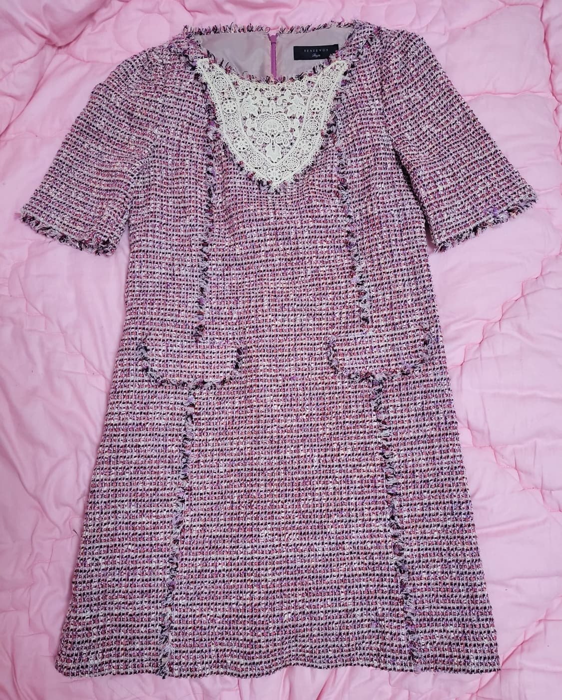 급처상태좋음!레니본 샤넬느낌 핑크 바이올렛 트위드 레이스 원피스 상품이미지1