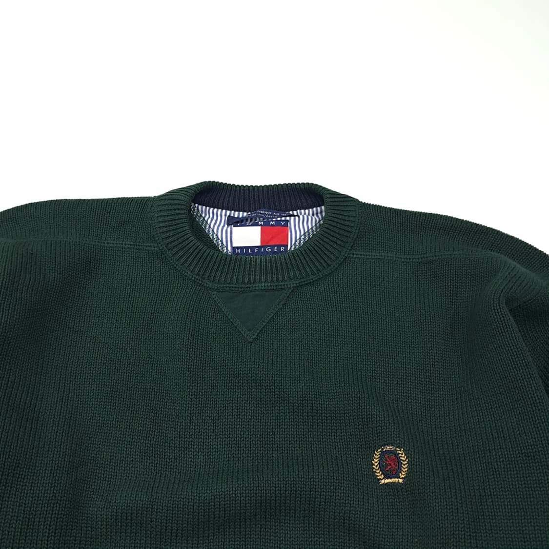 CL438 L 타미힐피거 90s 코튼 크레스트자수 다크그린 니트 스웨터 상품이미지2