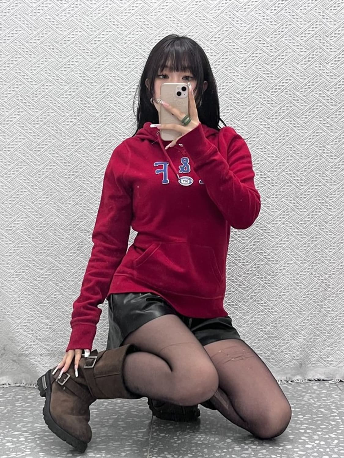 아베크롬비 Y2K 레트로 00's 딥레드 딱붙핏 후드티 L C11070 상품이미지2
