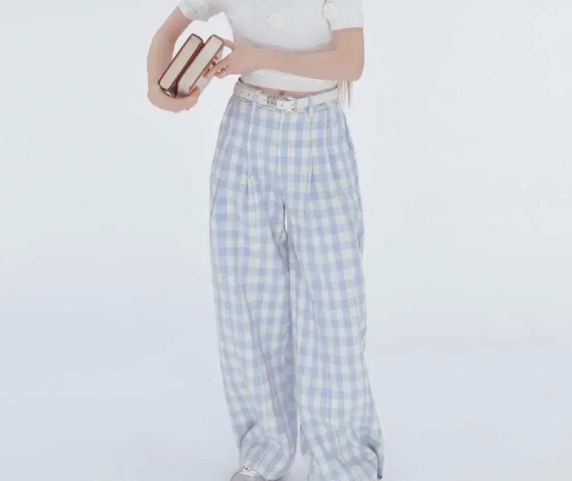 중국브랜드 타오바오 WHY BERRY 핀턱 체크 와이드팬츠 상품이미지2