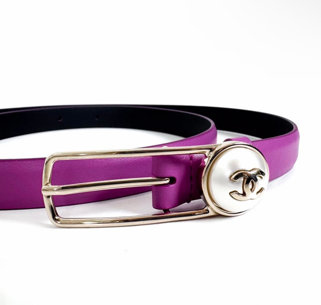 [75] 샤넬 여성 클래식 CC로고 자개 단추 램스킨 레더 벨트 퍼플 상품이미지6