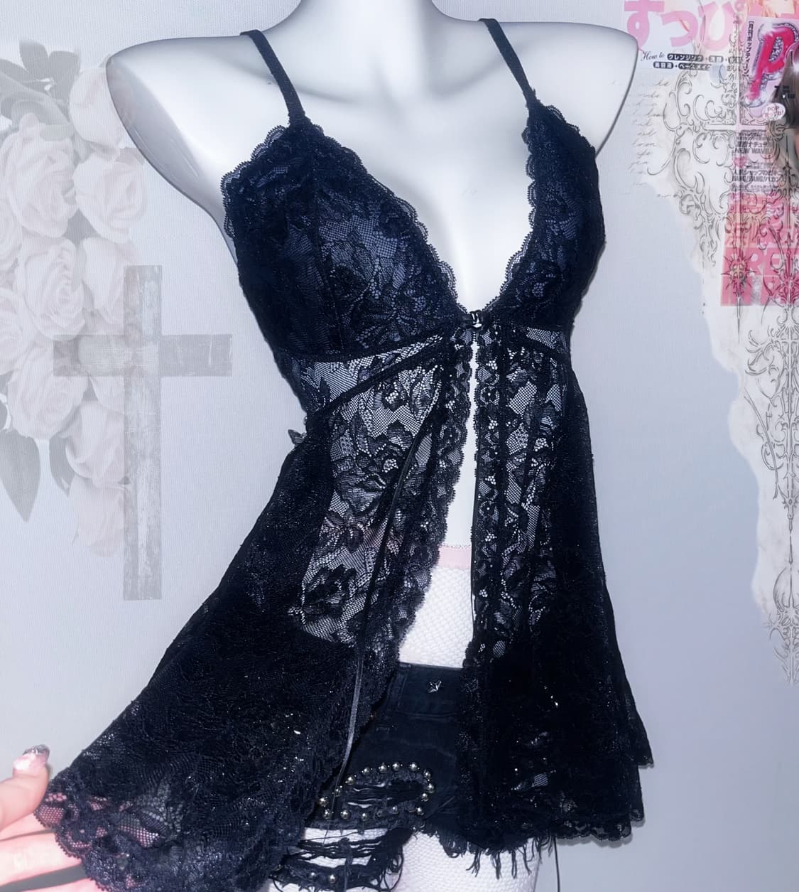 고딕 고스 히메갸루 와투케 다크엔젤 블랙 레이스 오픈 슬리브리스 상품이미지1