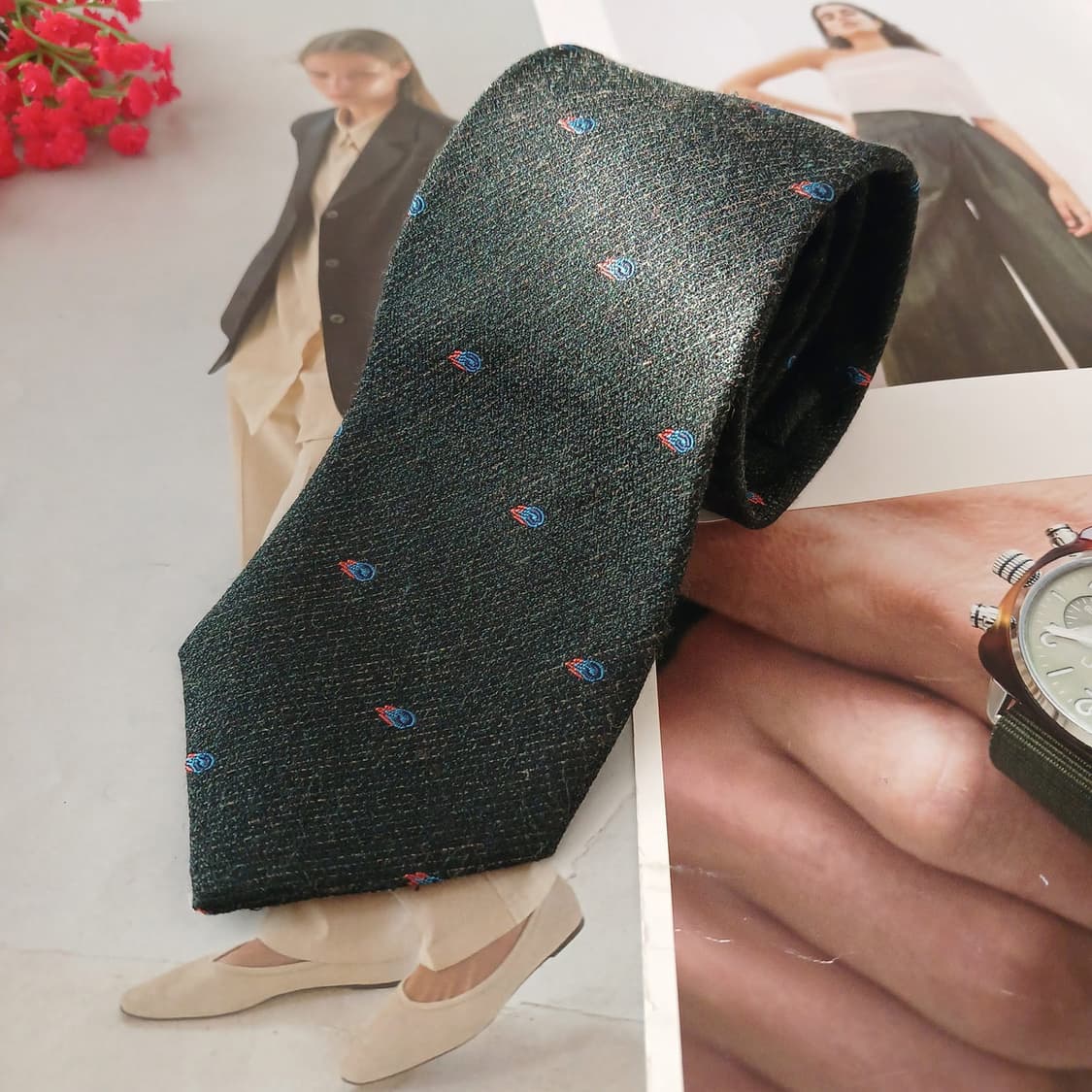 커스텀멜로우 실크 다크그린 텍스처 넥타이 7.8cm A+등급 A19066 상품이미지1