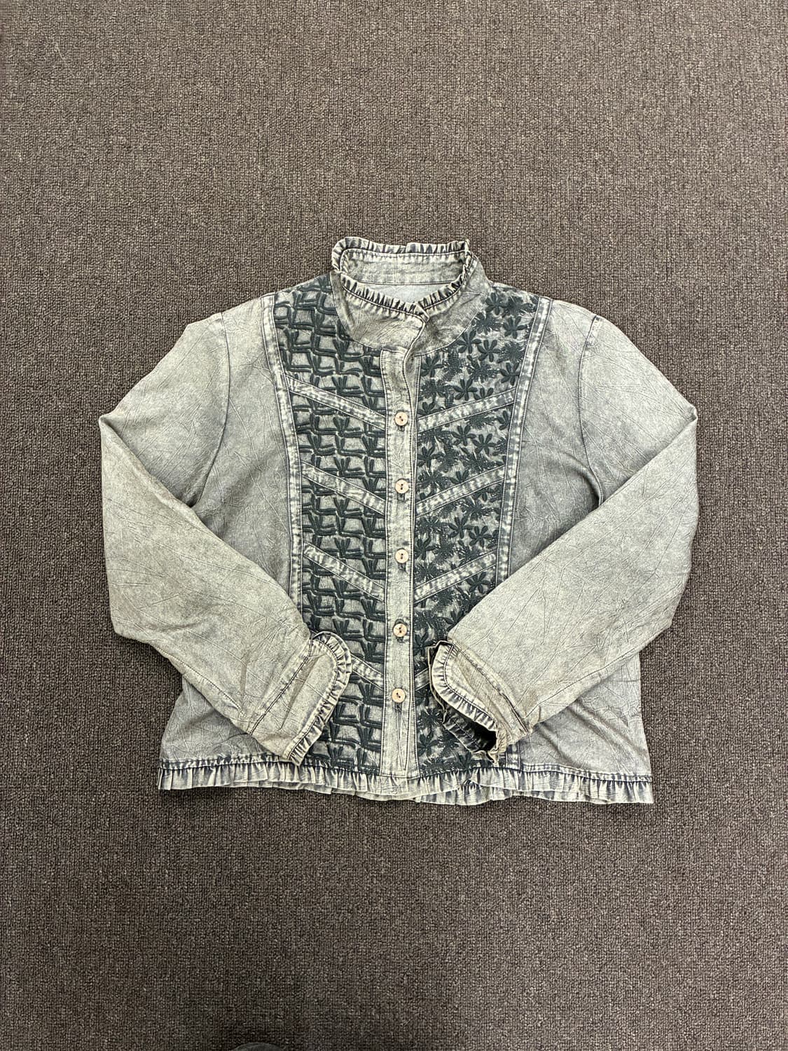 L)Japanese vintage 여성 자수 프릴 디테일 그레이 셔츠 상품이미지4