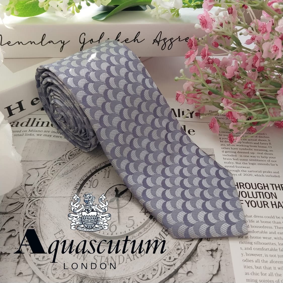 아쿠아스큐텀 실크 라이트블루 패턴 넥타이 7cm A+등급 k1744 상품이미지2