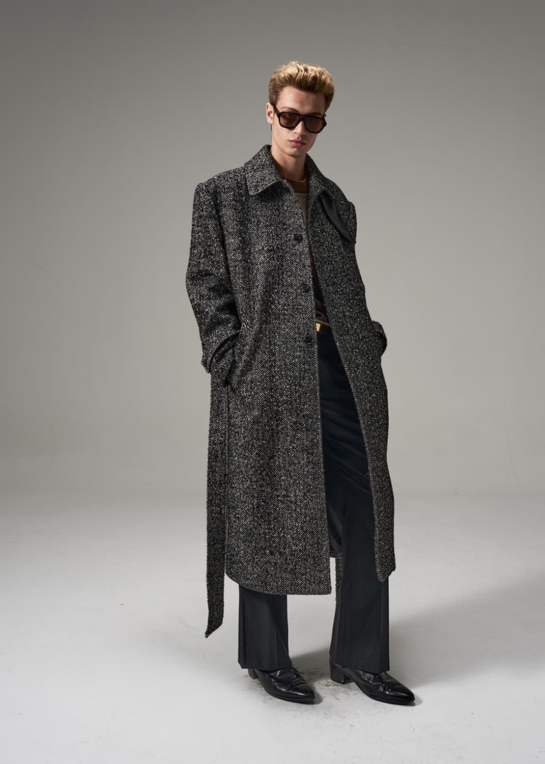 [L] 노이스 오버사이즈 벨티드 울 발마칸 - 차콜 헤링본 새상품 상품이미지1