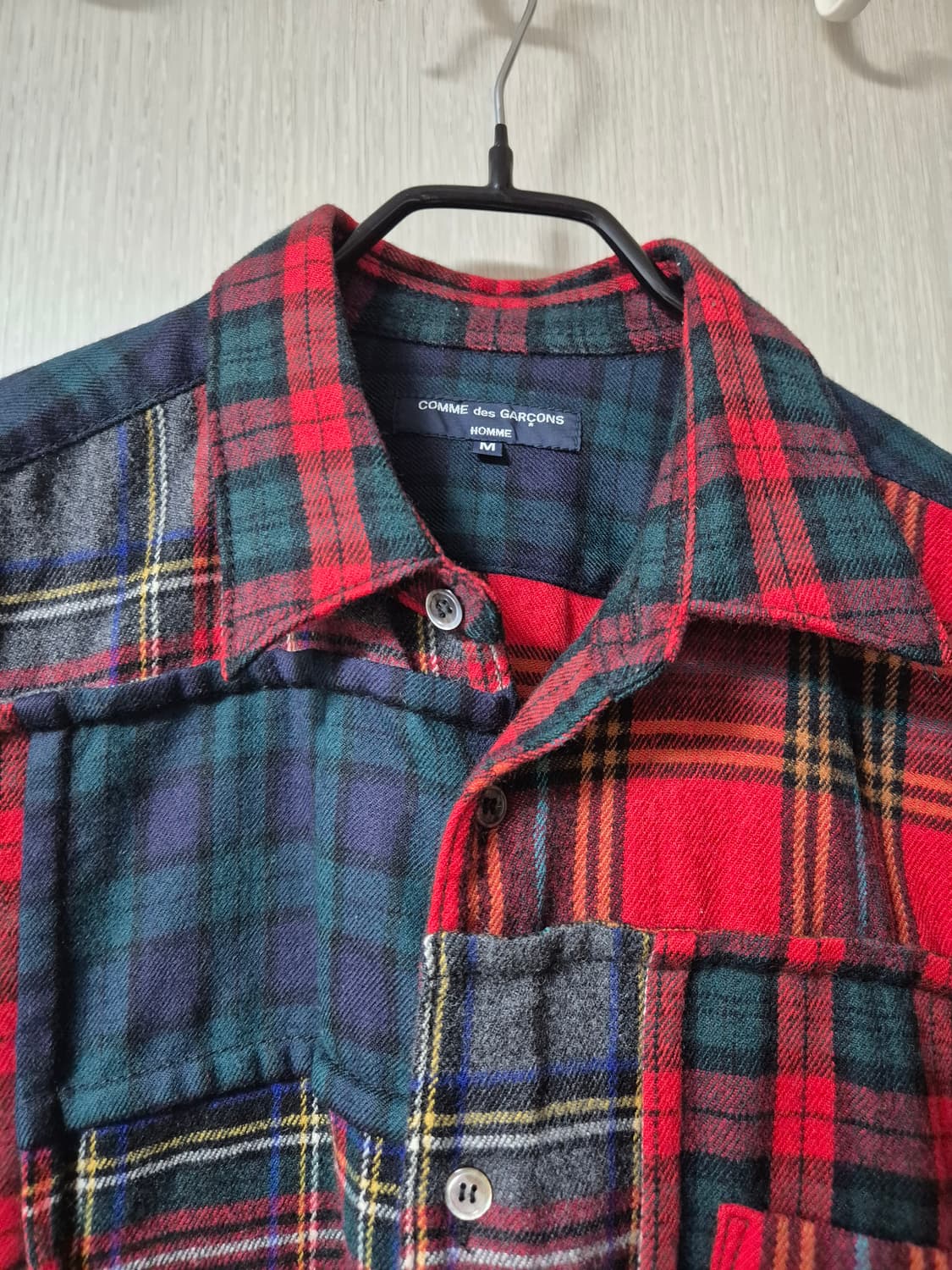 (정품) 꼼데가르송 옴므 울 체크셔츠 패치워크 남방 M 상품이미지5