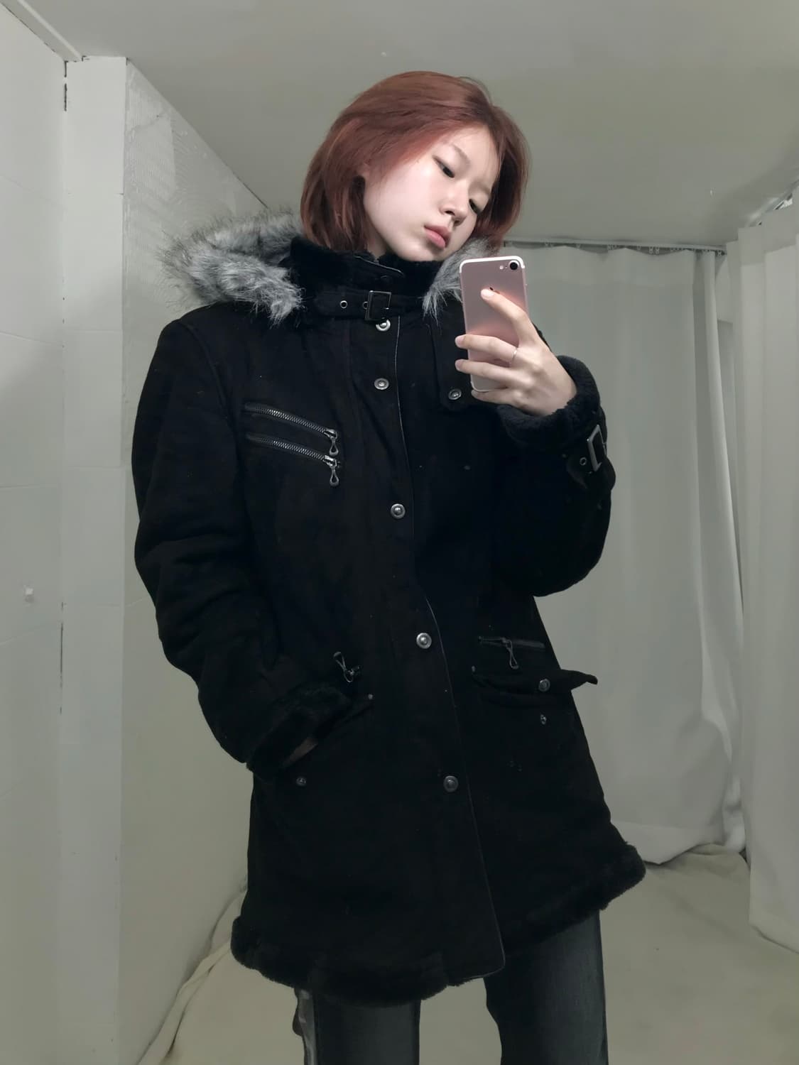 빈티지 블랙 앤 그레이 퍼 펑크 무스탕 상품이미지3