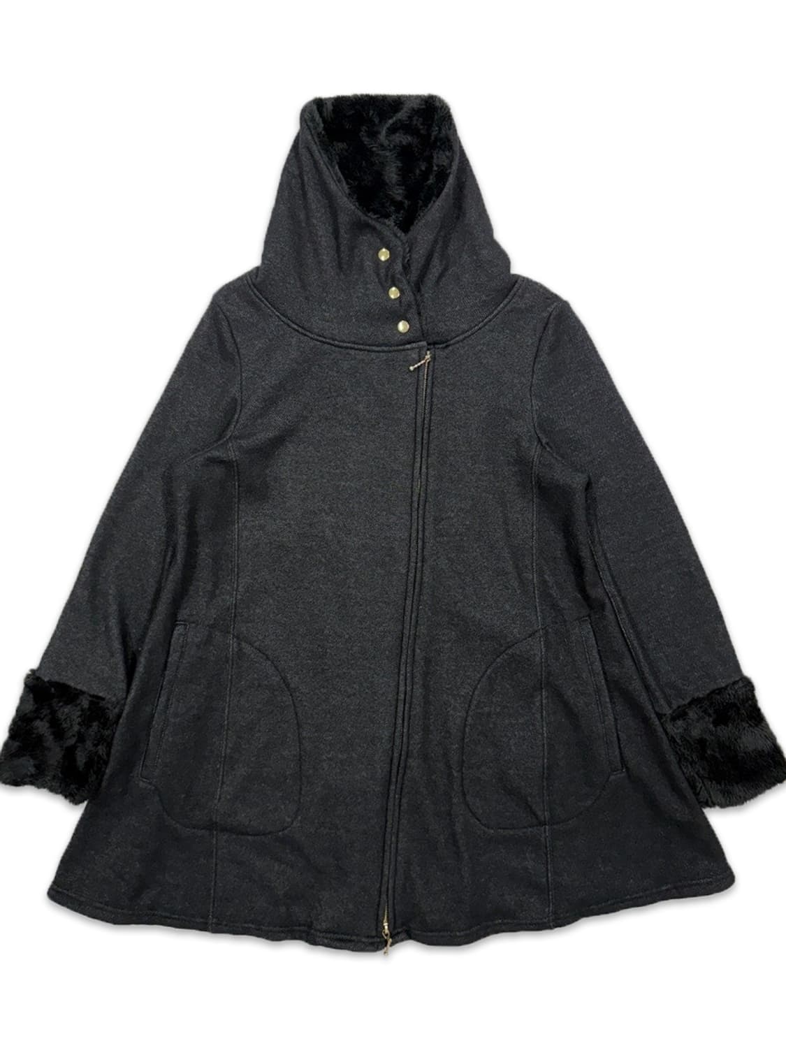 빈티지 블랙 안기모 사선 지퍼 플레어 롱 스웨트 자켓 상품이미지1