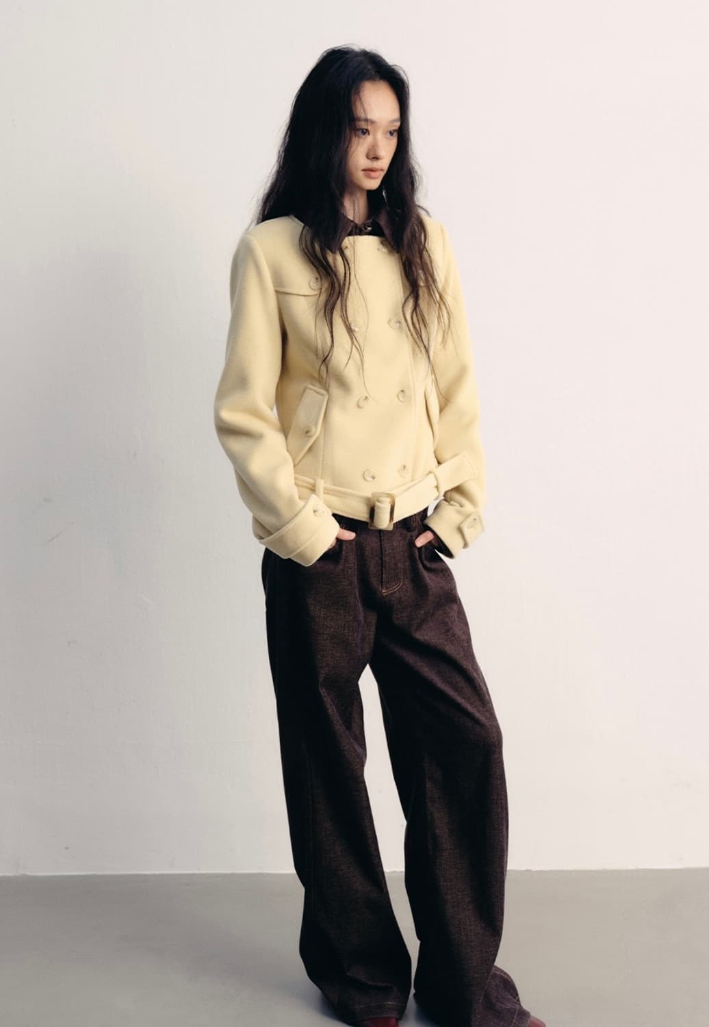 LVETONG 더블 브레스트 버클 벨트 울 블렌드 코트 상품이미지3