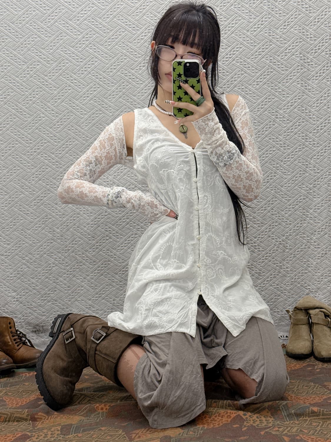 빈티지 프릴 레이스 란제리코어 슬리브리스 나시 원피스　K0008 상품이미지2