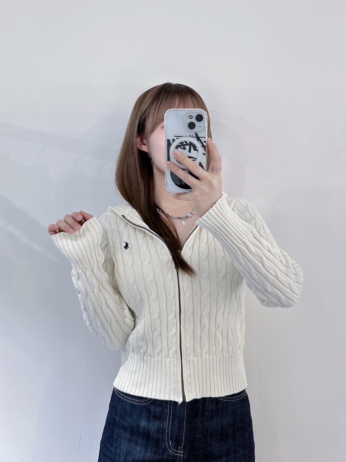 폴로랄프로렌 네이비포니 베이지 케이블 니트 후드집업 상품이미지1