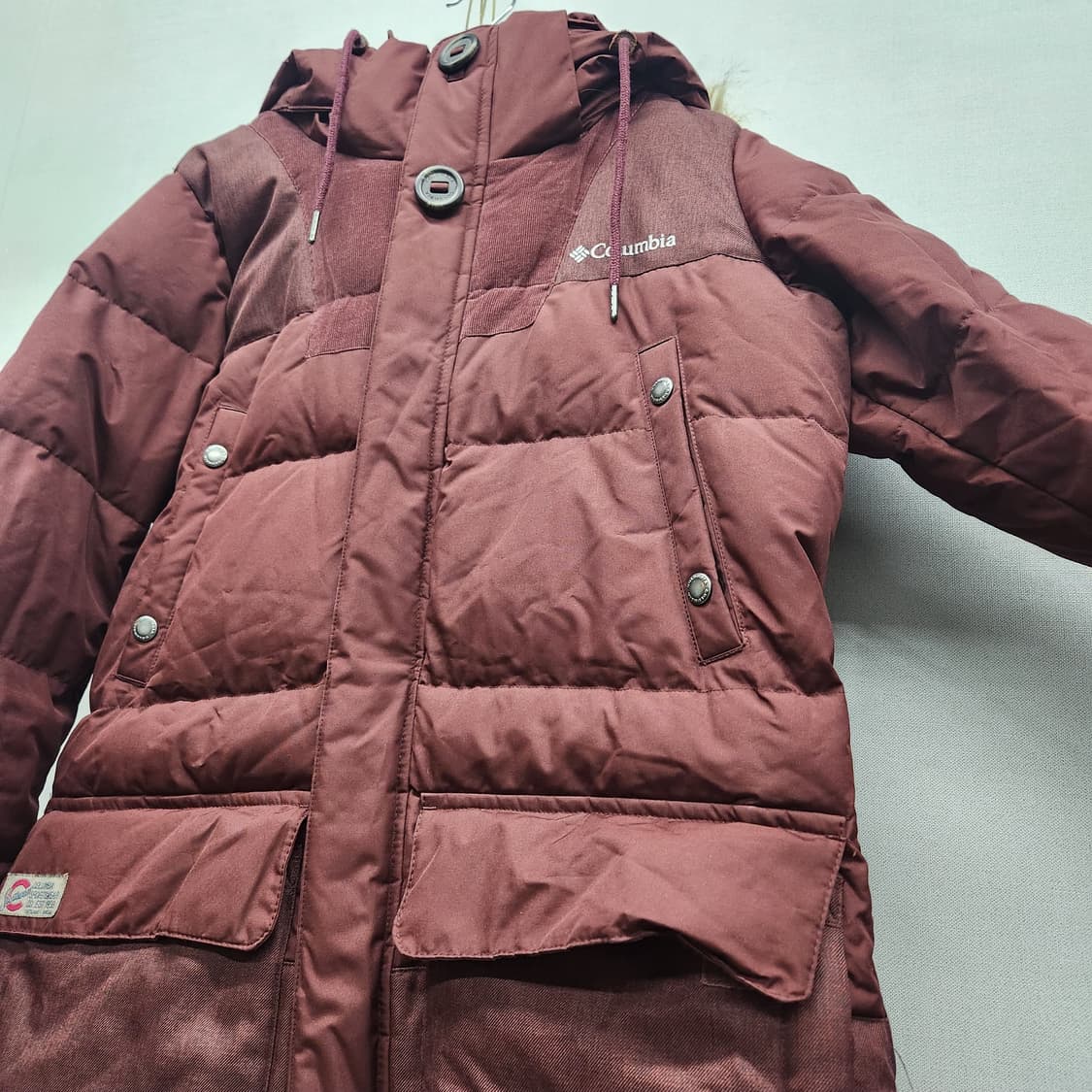 콜롬비아 후드 구스다운버건디 롱패딩 L 상품이미지2