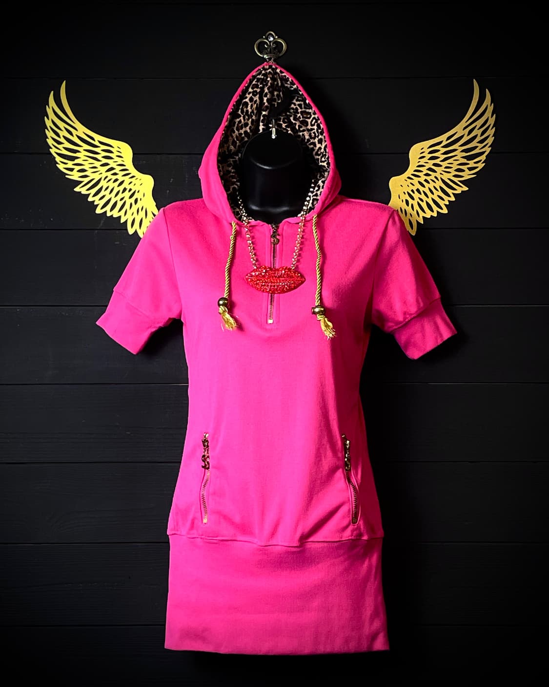 JPN 갸루 호피 레오파드 골드 로프 밧줄 핑크 후드 상품이미지1