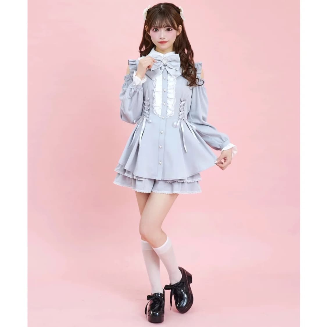 시크릿허니 사이드 레이스업 오프숄더 셋업 미즈이로 하늘색 상품이미지3