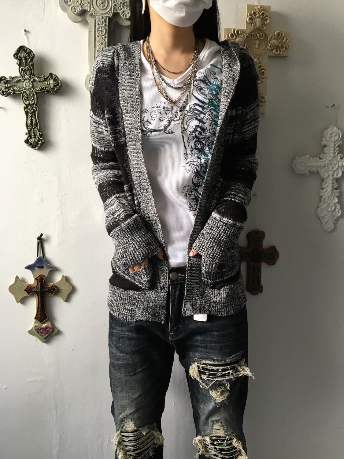 Tied stripe pattern hood cardigan 상품이미지1