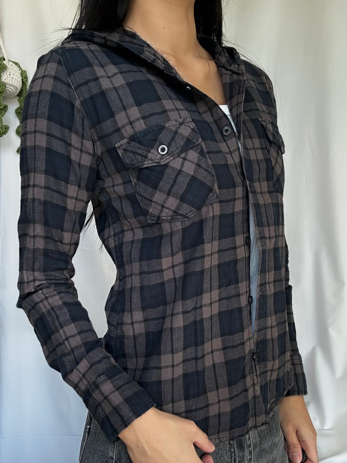 빈티지 후드 체크 긴팔셔츠 상품이미지2