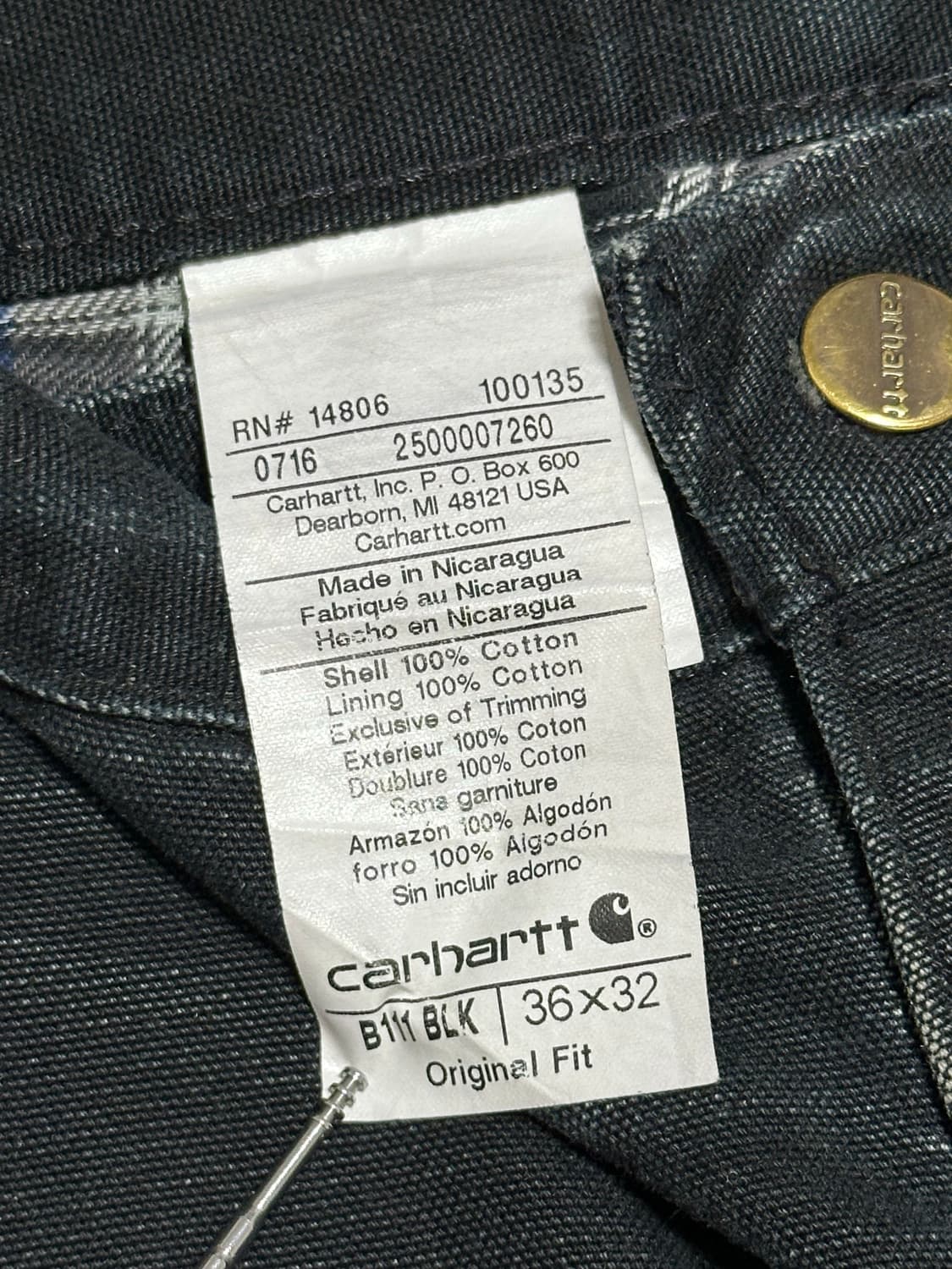 칼하트 싱글니 덕캔버스 워크팬츠 라이닝 36x32 상품이미지3