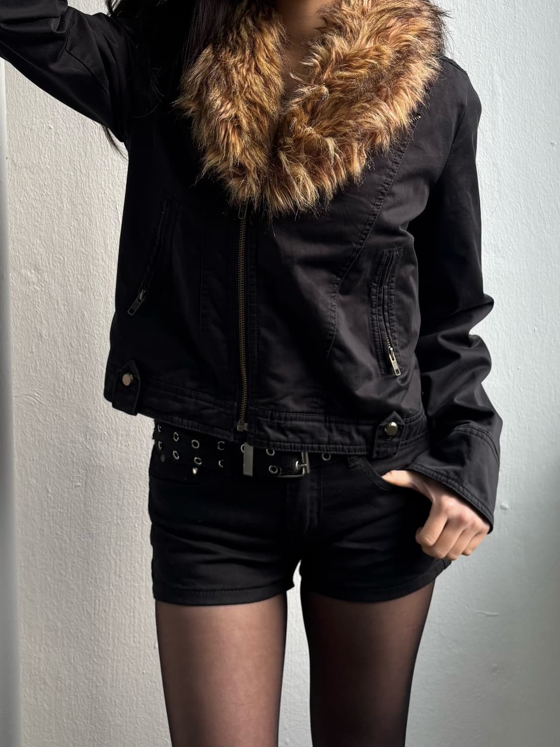 Vintage Black Fur Collar Zip-Up Jacket 상품이미지1