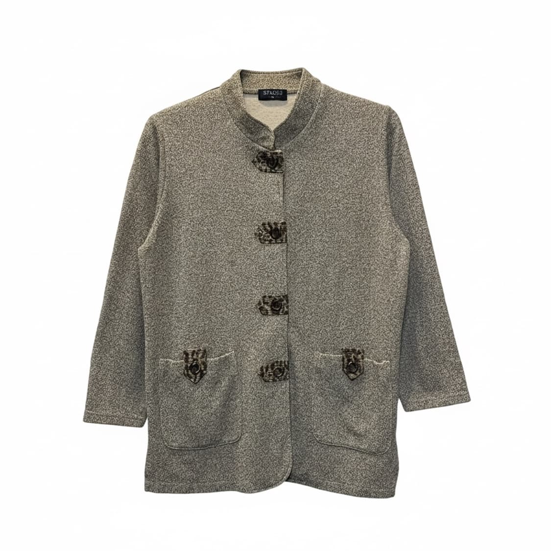 JPN VINTAGE 클래식 노카라 버튼 자켓 호피 패브릭 디테일 베이지 상품이미지1