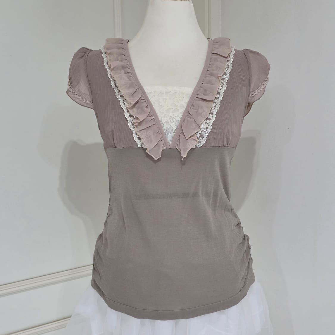 일본빈티지)초코라떼모리걸st 레이스 레이어드 프릴 셔링 반팔블라우스 상품이미지2