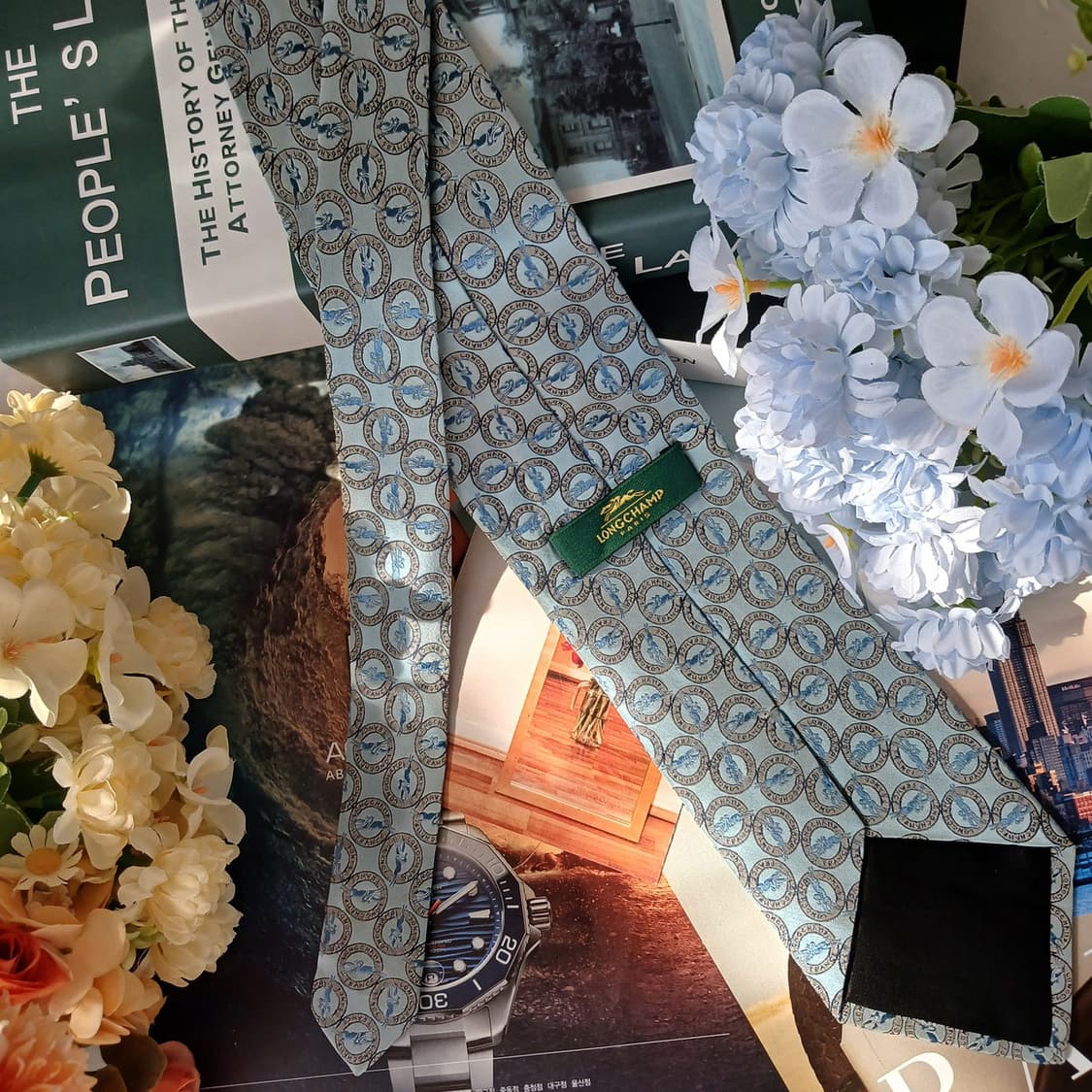 롱샴 실크 민트블루 로고 패턴 넥타이 9.5cm A등급 G20
 상품이미지4