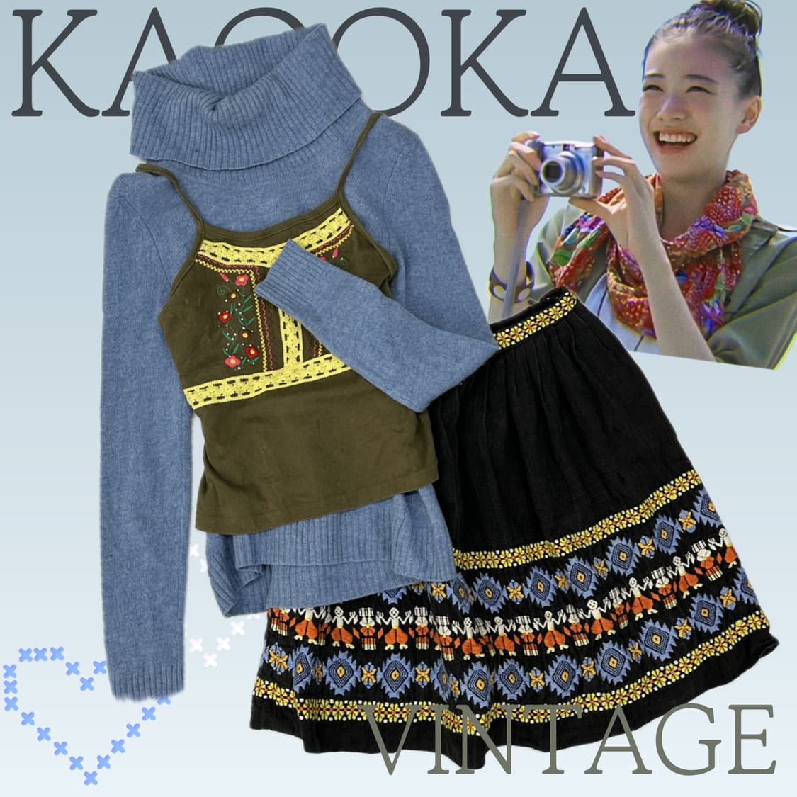 🪇하구미의 에스닉 자수 코디세트🪇 레이어드 소라색 니트 히피 레어템 상품이미지1