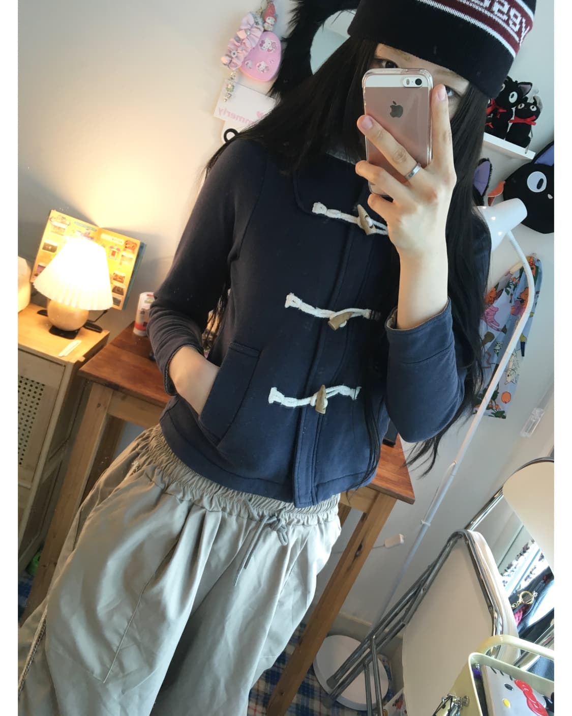 vintage toggle button hooded zip-up navy 상품이미지2