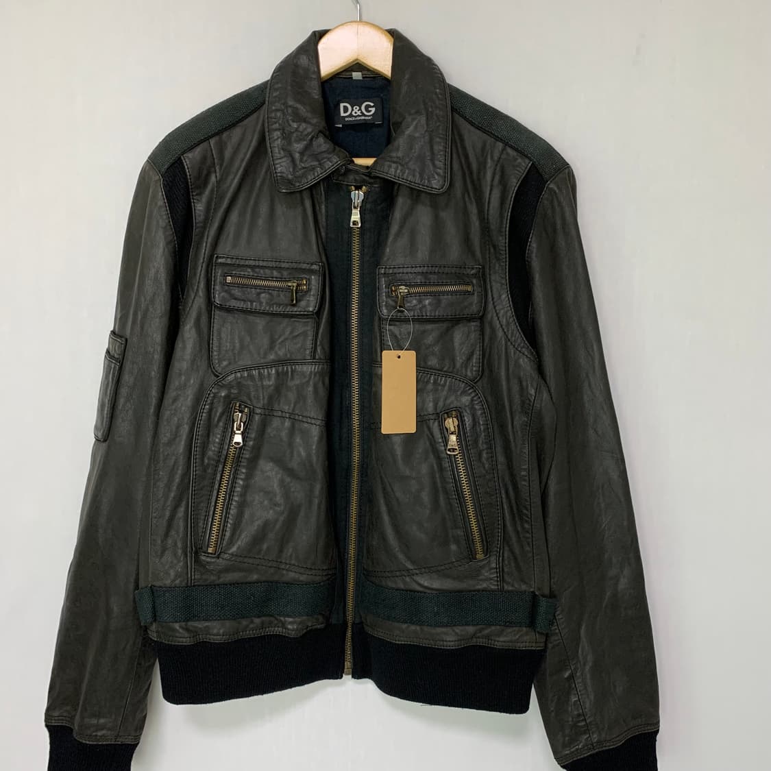 D&G 돌체앤가바나 빈티지 니트 배색 레더 자켓 카키 가죽자켓 상품이미지1