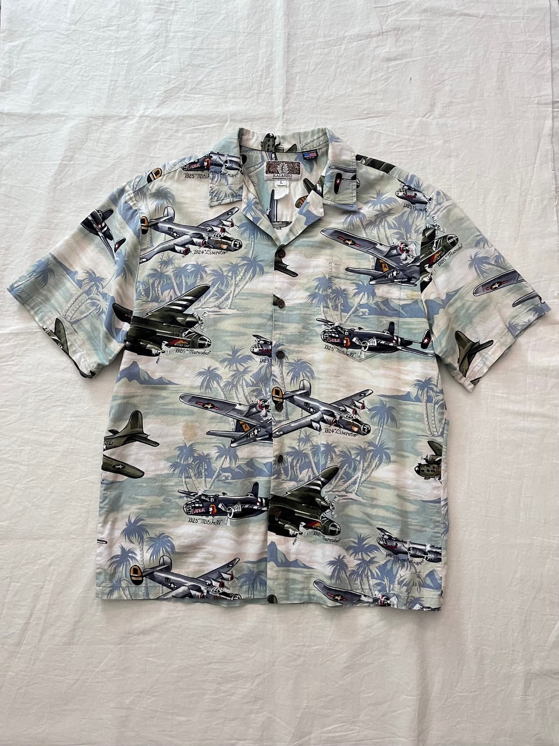 90s USA 빈티지 WWII 폭격기 하와이안 셔츠 상품이미지1