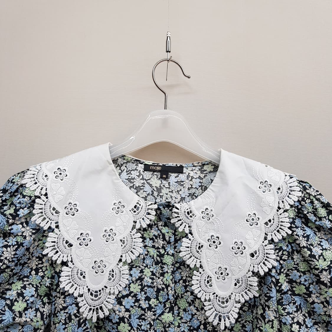 마쥬 플라워 패턴 레이스 카라 퍼프소매 미니 원피스 36사이즈 상품이미지3