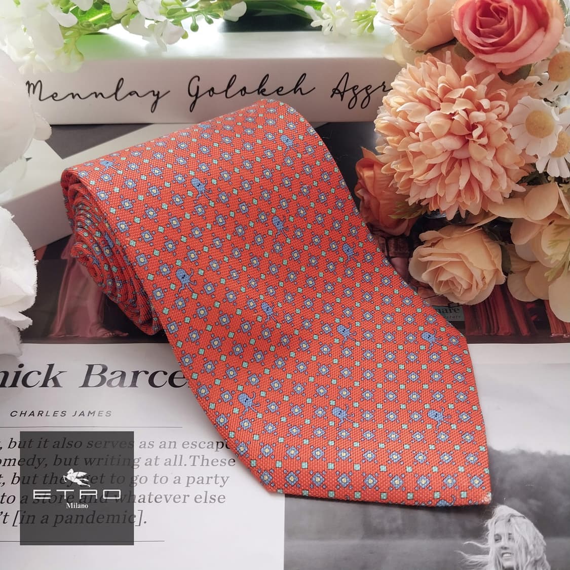 에트로 실크 오렌지 기하 패턴 넥타이 9.6cm A+~A등급 K1865
 상품이미지2