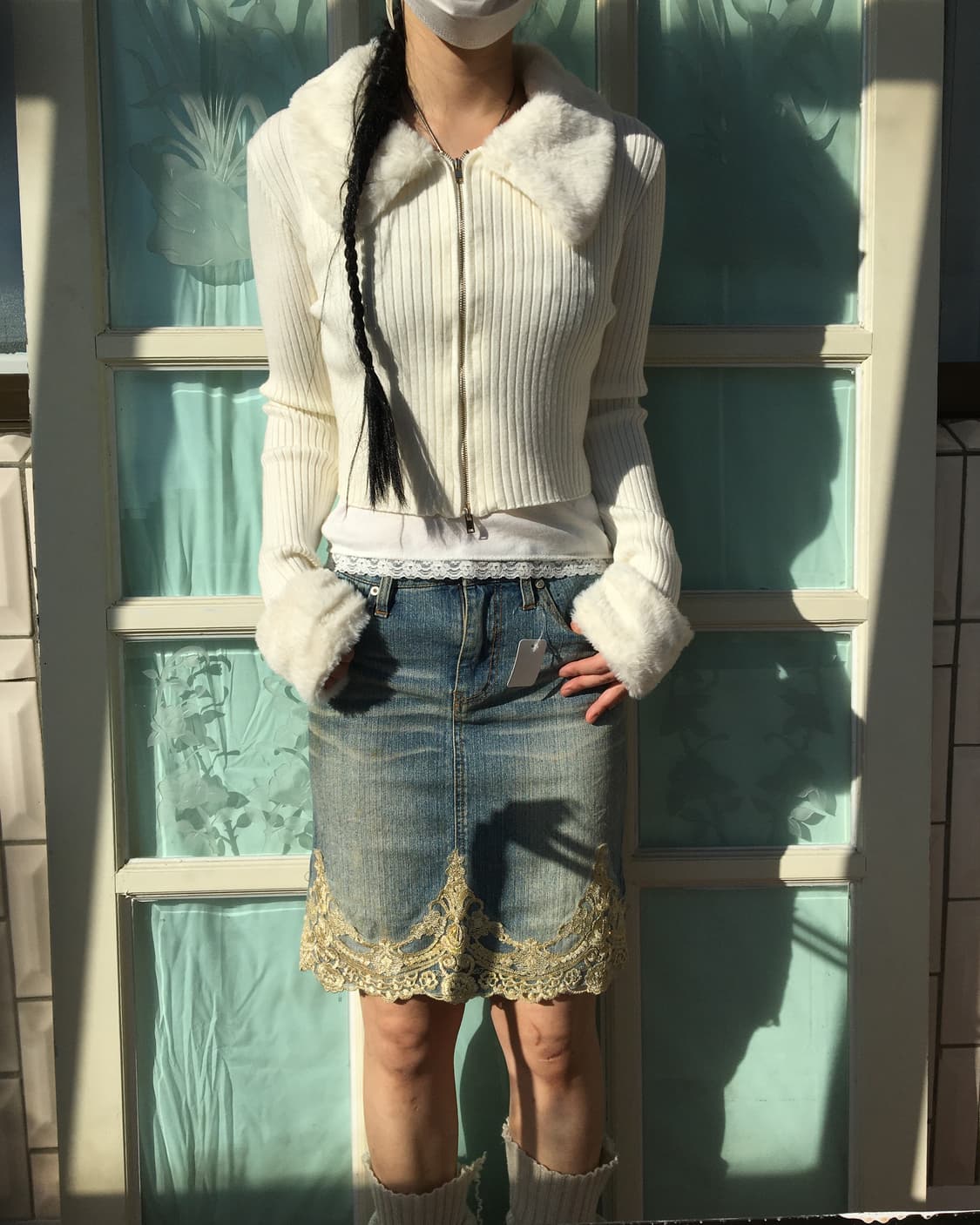 Fake fur trimming ribbed knit zip up 상품이미지1